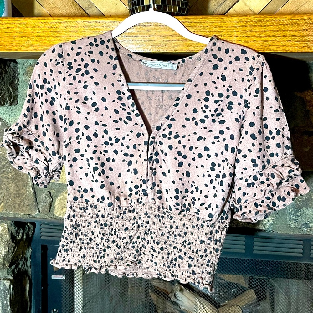 Abercrombie & Fitch Ruffle Sleeve Smocked Waist Top Leopard Print Brown Size S